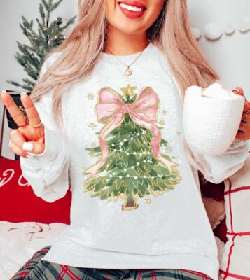 Christmas Coquette Christmas Shirt Christmas T-Shirt Christmas Tree Bow Shirt Christmas Sweatshirt For Women Christmas Tree Tshirt