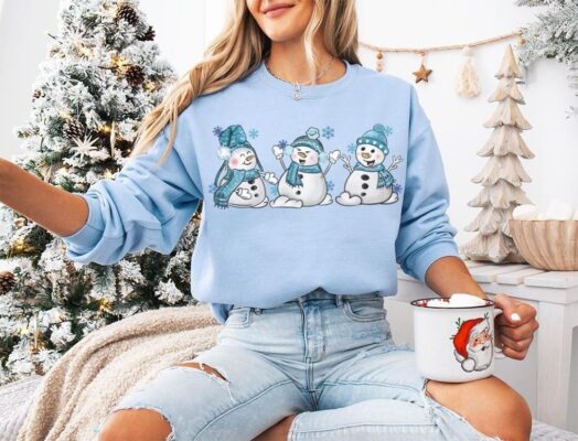 Christmas Snowmen Sweatshirt, Christmas Blue Sweatshirt, Winter Party Sweater, Cute Holidays Pink Sweatshirs, Winter Snowman Shirt