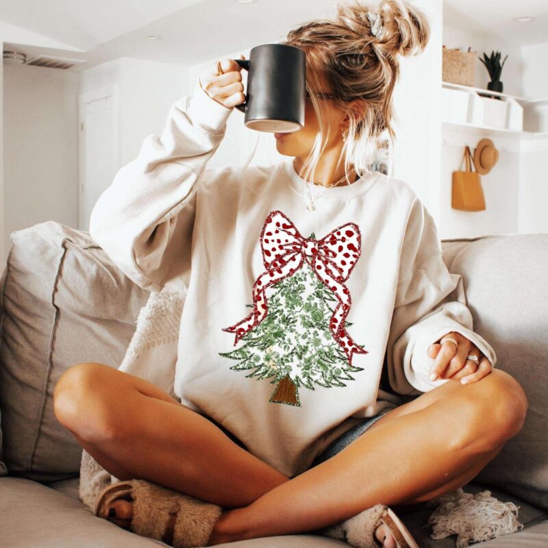 Christmas Tree Bow Shirt, Christmas Sweatshirt For Women, Toile Christmas Tree Tshirt, Christmas Coquette Christmas Shirt