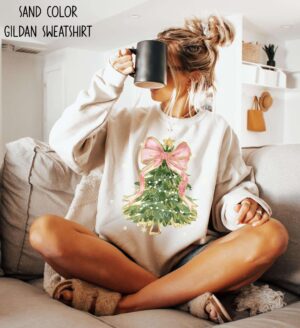 Christmas Tree Bow Shirt, Christmas Sweatshirt For Women, Christmas Tree Tshirt, Christmas Coquette Christmas Shirt