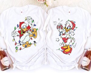 Disney Couple Santa Donald And Daisy Christmas Light T-Shirt, Mickey'S Very Merry Xmas Party 2024, Disneyland Vacation Holiday Gift