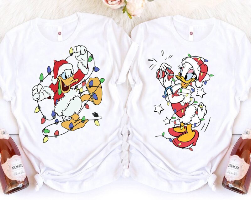 Disney Couple Santa Donald And Daisy Christmas Light T-Shirt, Mickey'S Very Merry Xmas Party 2024, Disneyland Vacation Holiday Gift