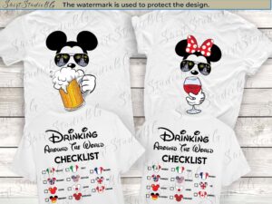 Mickey Beer Minnie Wine Front And Back, Epcot Drinking Around The World Shirt, Drinking Around The World Checklist, Disney Couple Shirts