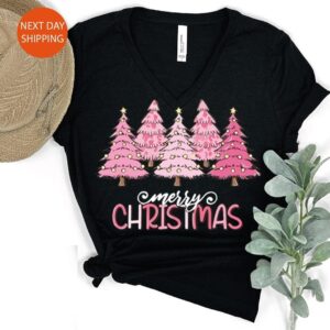 Pink Tree Christmas V Neck T-Shirt, Christmas Tee, Christmas V-Neck, Christmas Tree Tshirt, Holiday Tops For Women, Winter Shirt