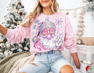 Retro Santa Christmas Blowing Bubble Sweatshirt, Funny Santa With Sunglasses Xmas,Vintage Merry Christmas Shirt,Pink Santa Christmas Tshirts