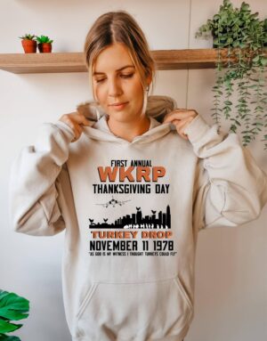 Vintage Thanksgiving Turkey Drop Wkrp Shirt Sweater Hoodie, First Annual Wkrp Thanksgiving Day Turkey Drop Sweater, Unisex Turkey Drop Tee