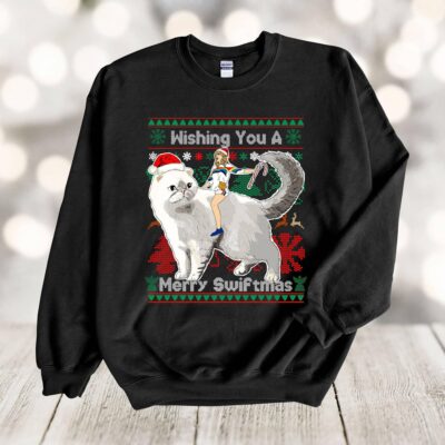 Wishing You A Merry Swiftmas Shirt, Christmas Taylor Crewneck, Swiftmas Ugly Christmas Sweater White Big Cat