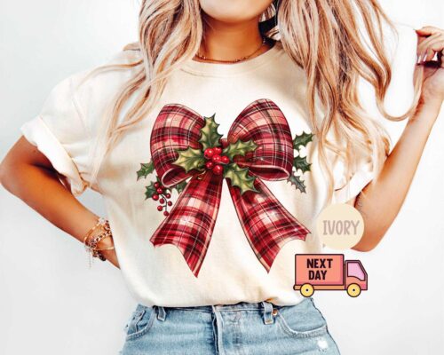 Coquette Christmas Bow Holly Berry Shirt