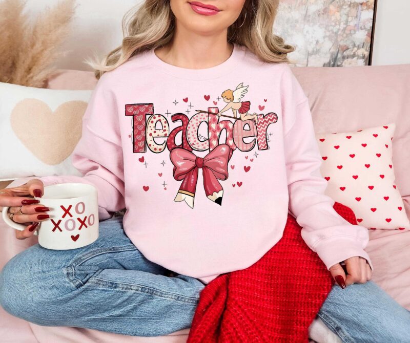 Valentine Teacher Coquette Bow Sweatshirt