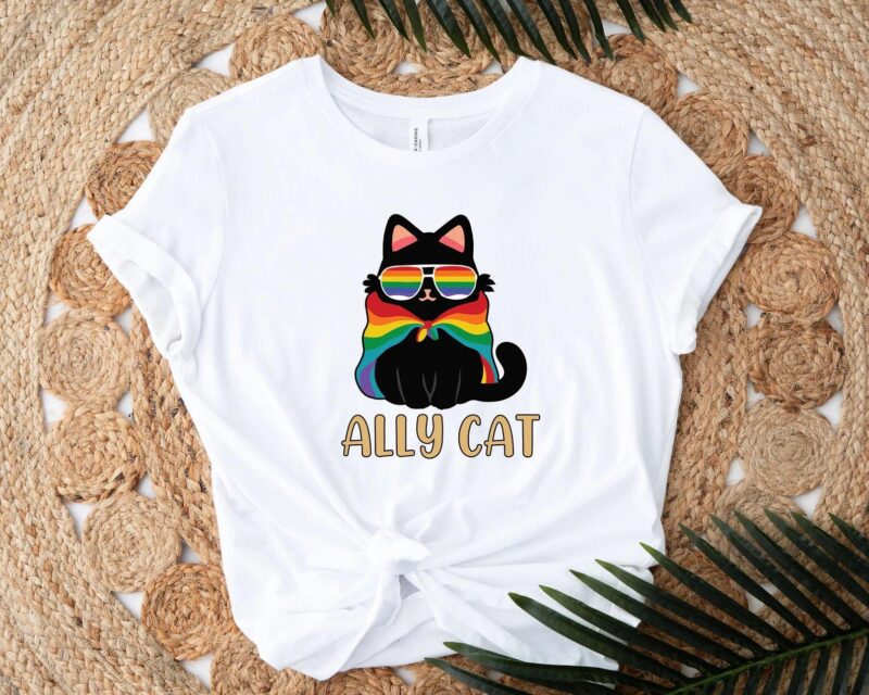 Pride Ally Cat Retro Rainbow Colors Cat Ally Shirt