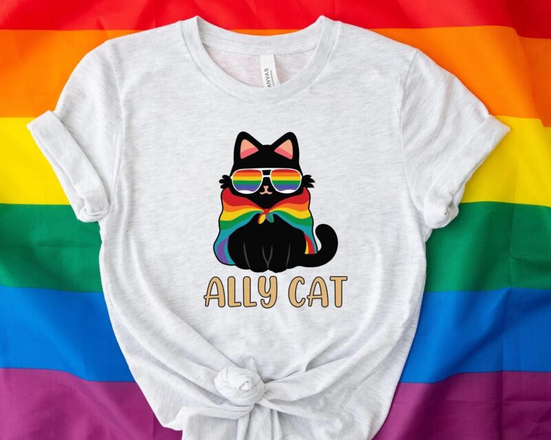 Pride Ally Cat Retro Rainbow Colors Cat Ally Shirt